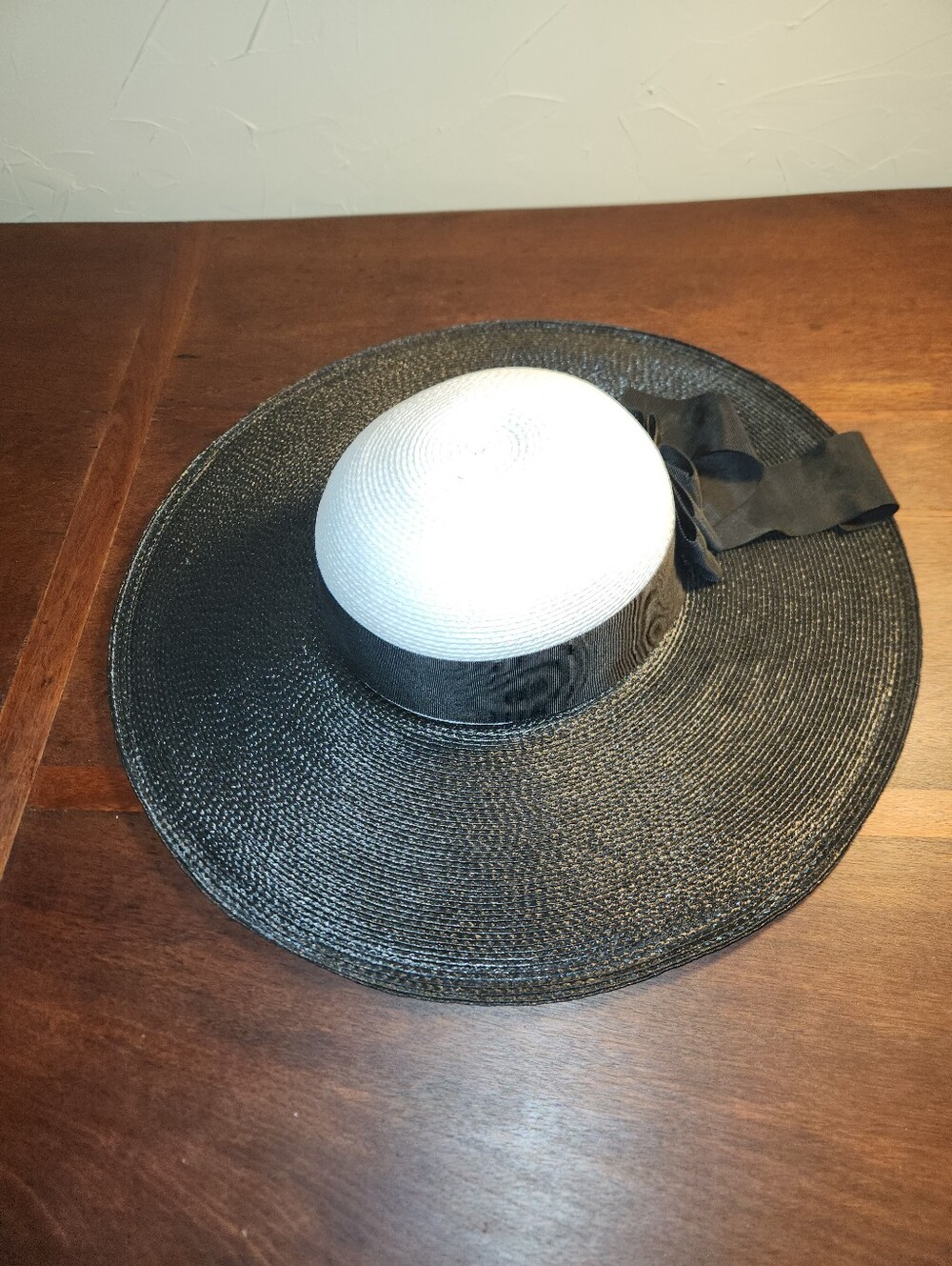 Elegant Black and White Wide-Brim Straw Boater Hat with Ribbon